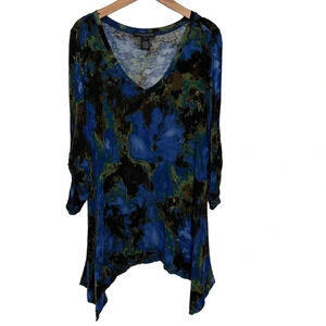 Grace Elements‎ 1X blue brown green watercolor print 3/4 sleeve shark bite top